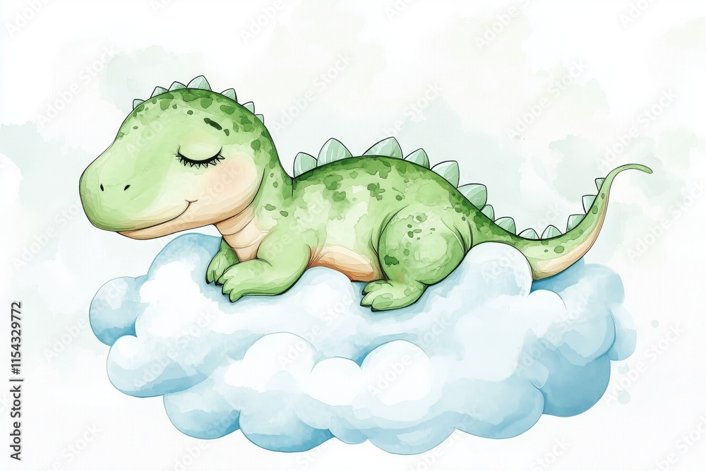 Obraz premium A charming watercolor illustration of a cute, little T-rex dinosaur sleeping peacefully on a fluffy white cloud. This artwork symbolizes dreams, innocence, and the wonder of childhood.