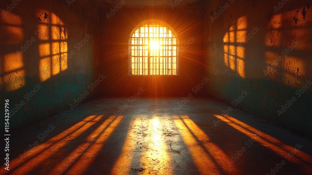 A sunlit prison cell casting shadows, evoking feelings of confinement and hope. A sunlit prison cell casting shadows, evoking feelings of confinement and hope.
