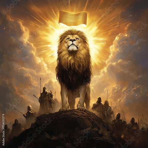  The image depicts a majestic lion standing proudly on a hill at sunrise, symbolizing boldness, courage, and righteousness as highlighted in Proverbs photo