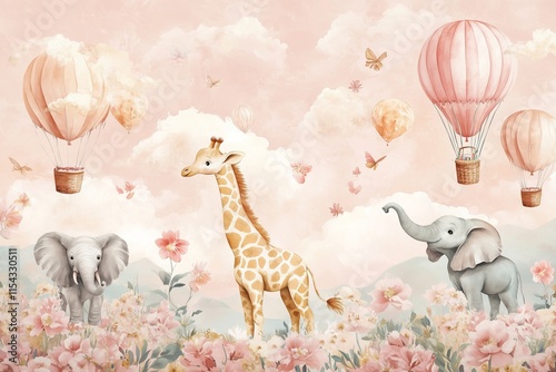 A kids' wallpaper mural featuring cycling animals with balloons, including a giraffe and elephant, set against a watercolor pink background. The design includes hot air balloons, blooming flowers 