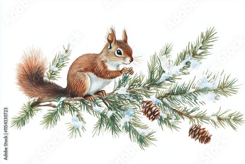 A watercolor fir branch and squirrel Christmas card.  photo