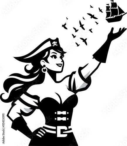 Silhouette of a Pirate Woman Releasing a Ship with Birds in Vector Art Style for Nautical Themes