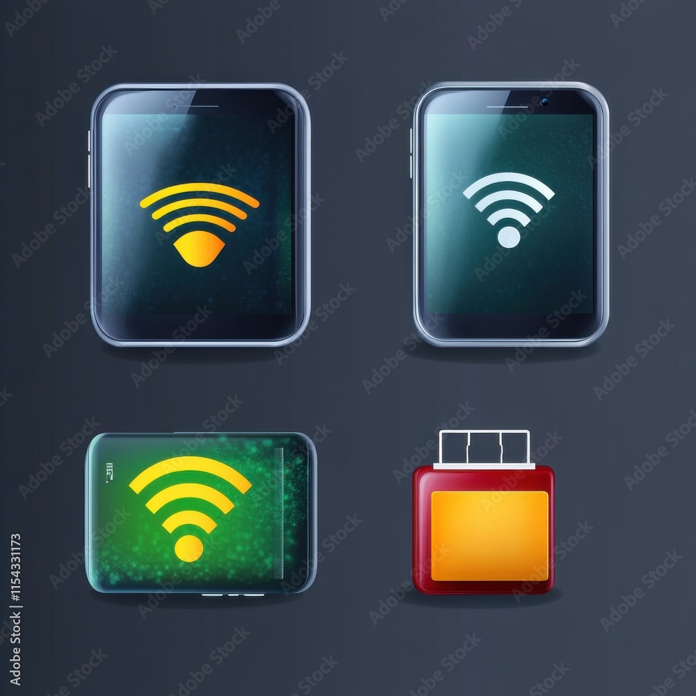 Smartphone interfaces displaying Wi-Fi signals and a battery icon, showcasing digital connectivity and energy status.