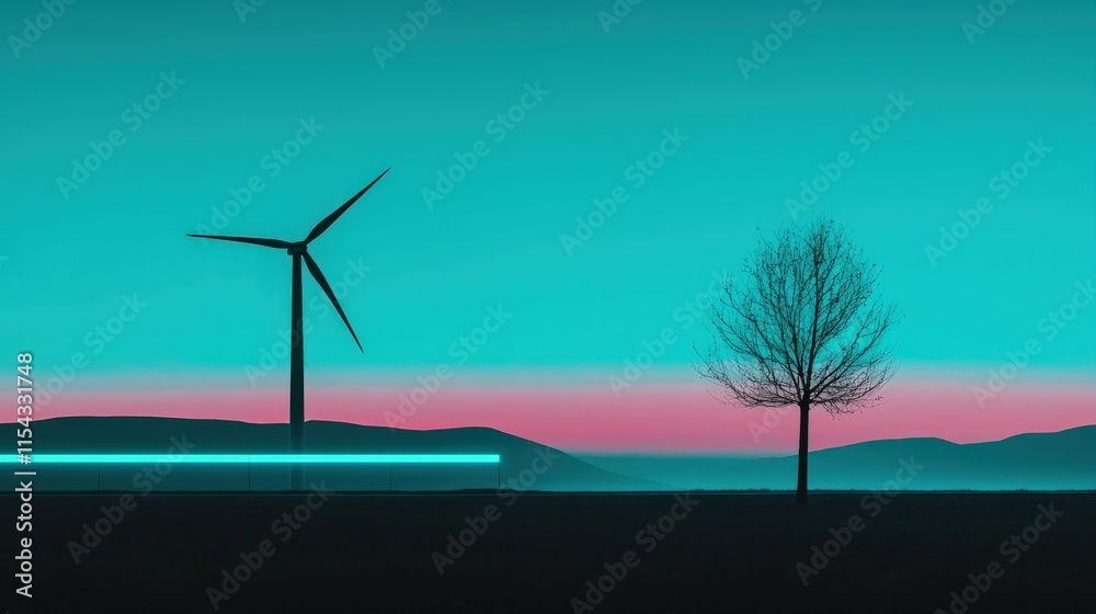 Obraz premium Futuristic landscape with wind turbine and lone tree at twilight. Neon glow illuminates the scene.