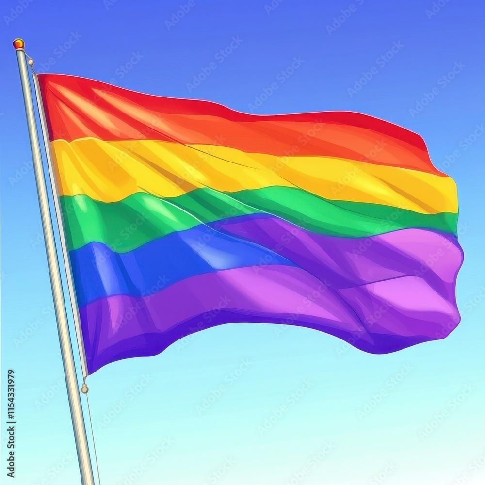 Fototapeta premium A vibrant rainbow flag waving proudly against a clear blue sky, symbolizing LGBTQ+ pride and diversity.