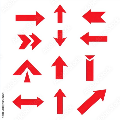 A collection of red directional arrows arranged in a 3x4 grid on a white background, symbolizing guidance. photo