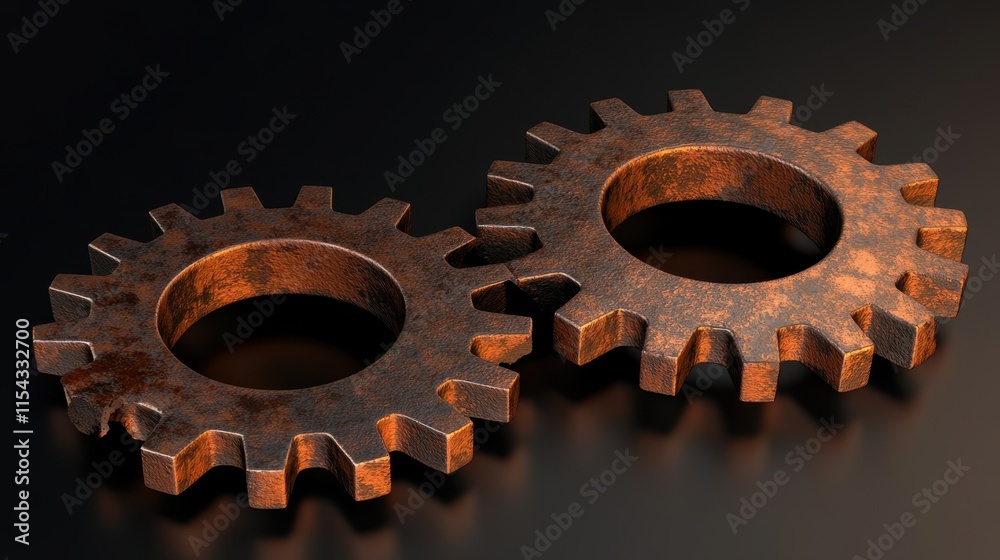 Two rustic, interlocking metal gears with a weathered surface and dark, polished background, evoking an industrial feel. Two rustic, interlocking metal gears with a weathered surface and dark, polished background, evoking an industrial feel.