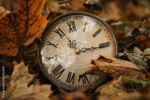 Autumn time. Vintage clock on fallen leaves in park, closeup photo