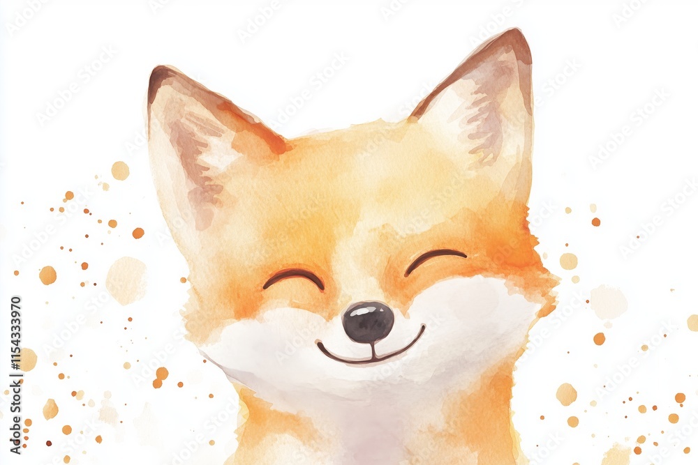 Obraz premium Adorable watercolor illustration of a smiling fox, perfect for art prints and nature-themed designs.