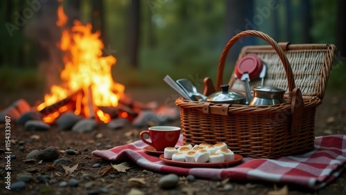 The image shows a picnic basket set up on a red and white checkered blanket in front of a campfire in the woods. The basket is made of wicker and has a handle on top for easy carrying. photo