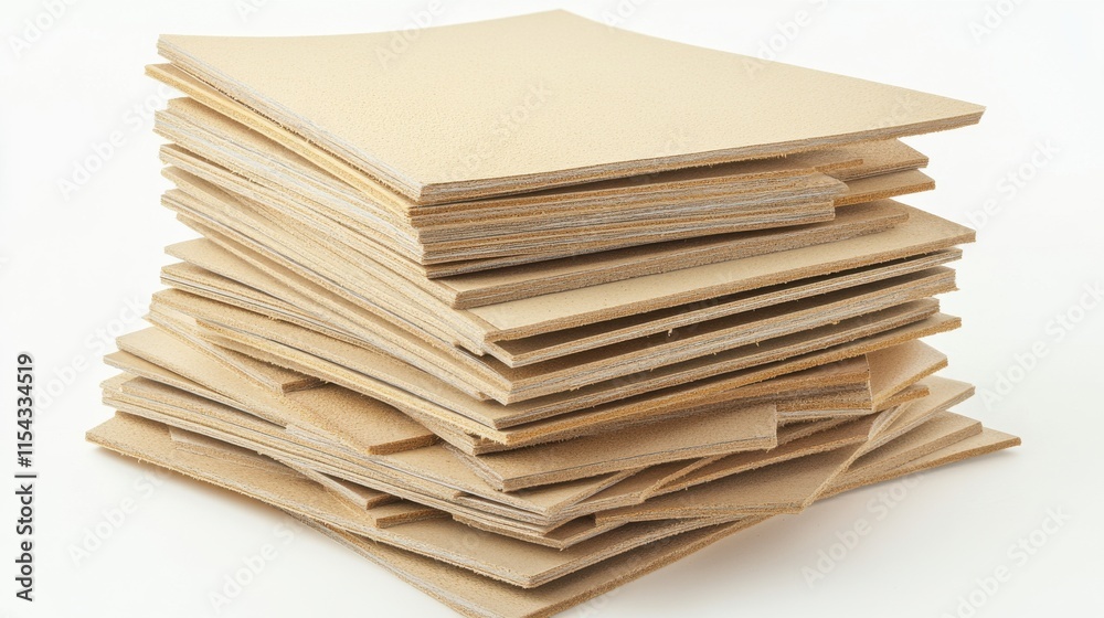 Close-up of stacked sheets of beige craft paper, showcasing their texture and layers against a white background. Close-up of stacked sheets of beige craft paper, showcasing their texture and layers against a white background.