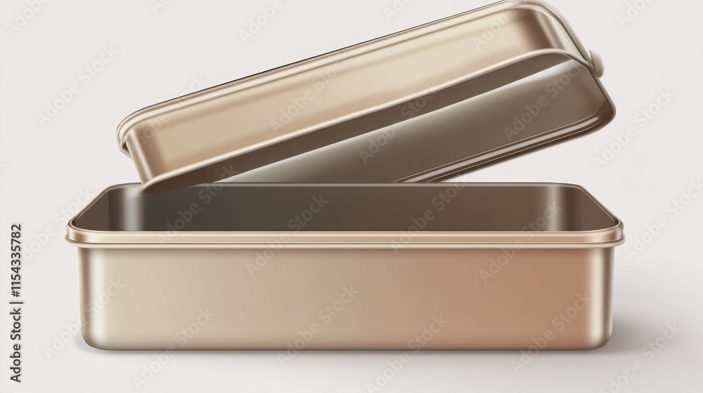 A shiny metallic container with an open lid, showcasing its spacious interior, perfect for storage. A shiny metallic container with an open lid, showcasing its spacious interior, perfect for storage.