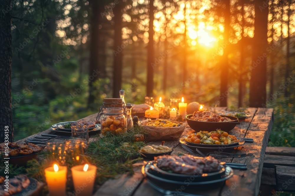 Rustic outdoor dinner table set for evening feast forest setting candlelit atmosphere nature's embrace Rustic outdoor dinner table set for evening feast forest setting candlelit atmosphere nature's embrace