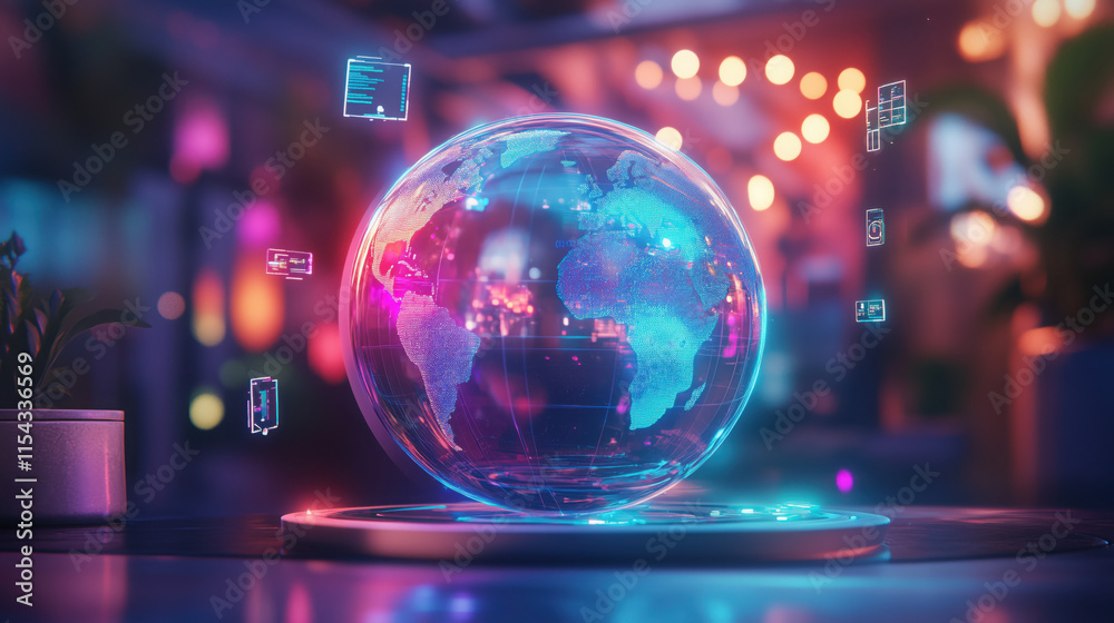 Glowing Futuristic 3D Globe with Holographic Continents and Augmented Reality Data Points Glowing Futuristic 3D Globe with Holographic Continents and Augmented Reality Data Points