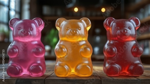 Colorful jelly gummy bears in vibrant hues displayed on wooden surface, showcasing their sweet appeal for candy lovers and kids, candy shop ads photo