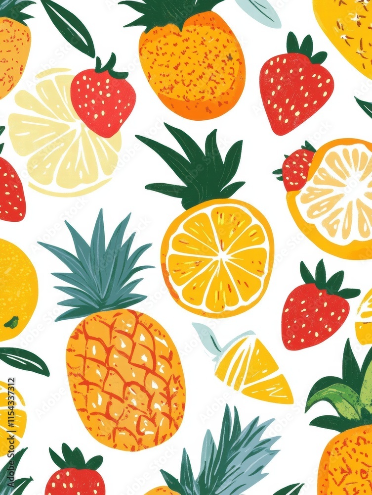 Vibrant and colorful tropical fruit pattern showcasing pineapples, strawberries, and citrus fruits against a bright white background. Generative AI Vibrant and colorful tropical fruit pattern showcasing pineapples, strawberries, and citrus fruits against a bright white background. Generative AI