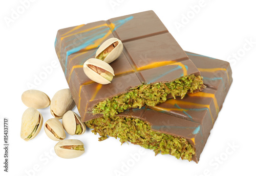 Photography Pieces of Dubai chocolate bar and pistachios isolated on white