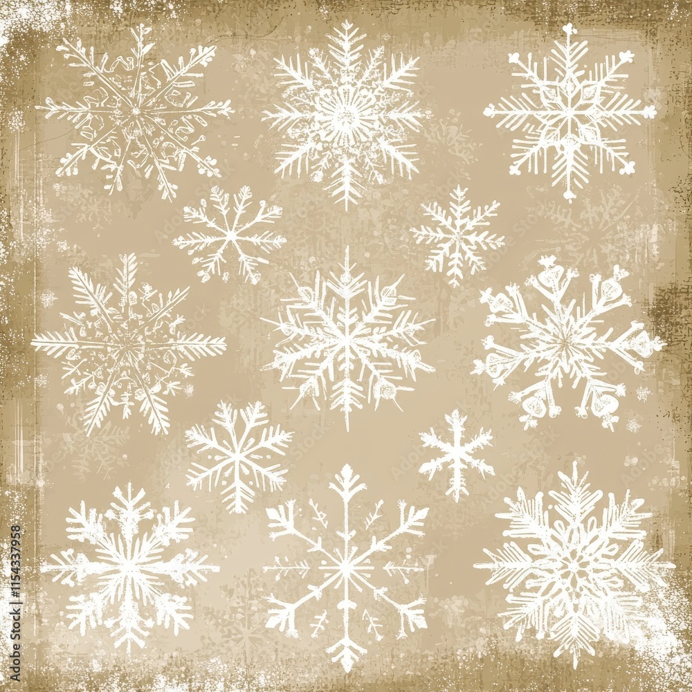 Elegant array of white snowflakes on a subtle beige background, perfect for winter-themed designs. Elegant array of white snowflakes on a subtle beige background, perfect for winter-themed designs.