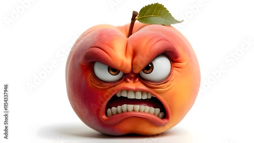 Angry Peach Fruit Cartoon Character, 3D Rendered Illustration, Expressive Face with Scowl and Bared Teeth, Isolated on White Background, Humorous Food Concept