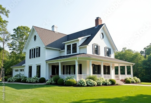 Modern farmhouse with white siding  black windows  wraparound porch overlooking manicured lawn.