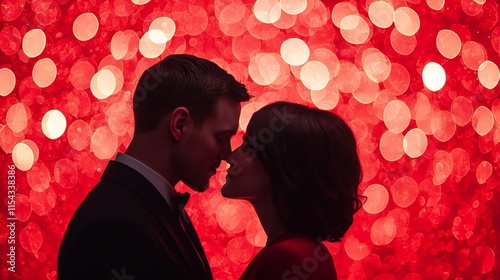 Valentine's Day Romantic Couple Silhouette Red Bokeh Lights Valentine s Day photo