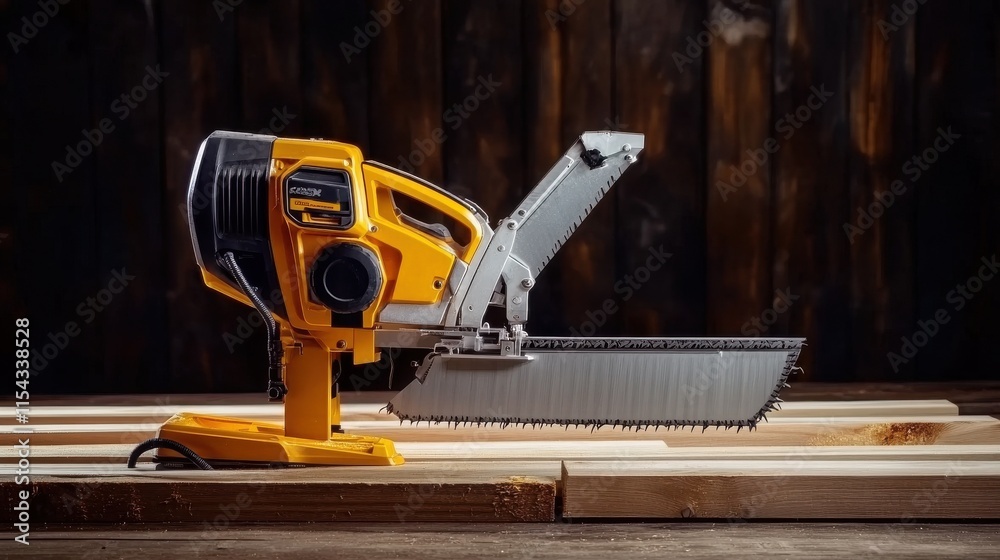 Fototapeta premium A powerful electric saw in action, showcasing its sharp blade and sturdy design against raw wooden planks.
