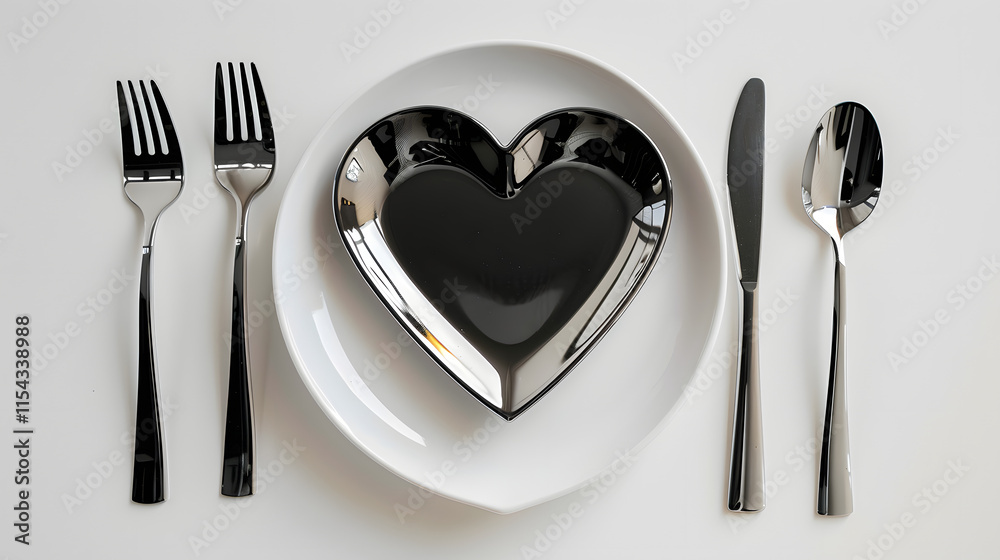 A sophisticated heart-shaped dinnerware set featuring black white plates with cutlery, symbolizing love and elegance in dining A sophisticated heart-shaped dinnerware set featuring black white plates with cutlery, symbolizing love and elegance in dining
