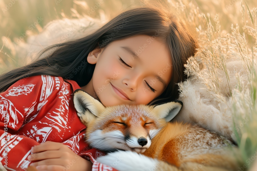 Girl Smiling While Resting With Fox in Field. Warm Evening Light Enhancing Emotional Bond. Peaceful Connection Between Human and Animal. Serene and Tender Atmosphere. AI generated Girl Smiling While Resting With Fox in Field. Warm Evening Light Enhancing Emotional Bond. Peaceful Connection Between Human and Animal. Serene and Tender Atmosphere. AI generated
