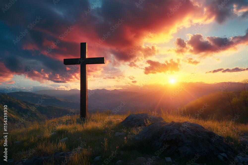 Christian Cross at Sunset with Dramatic Lighting Clouds and Sunbeams Inspirational Easter Resurrection Concept Christian Cross at Sunset with Dramatic Lighting Clouds and Sunbeams Inspirational Easter Resurrection Concept