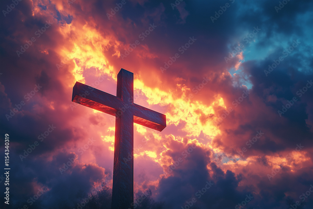 Christian Cross at Sunset with Dramatic Lighting Clouds and Sunbeams Inspirational Easter Resurrection Concept Christian Cross at Sunset with Dramatic Lighting Clouds and Sunbeams Inspirational Easter Resurrection Concept