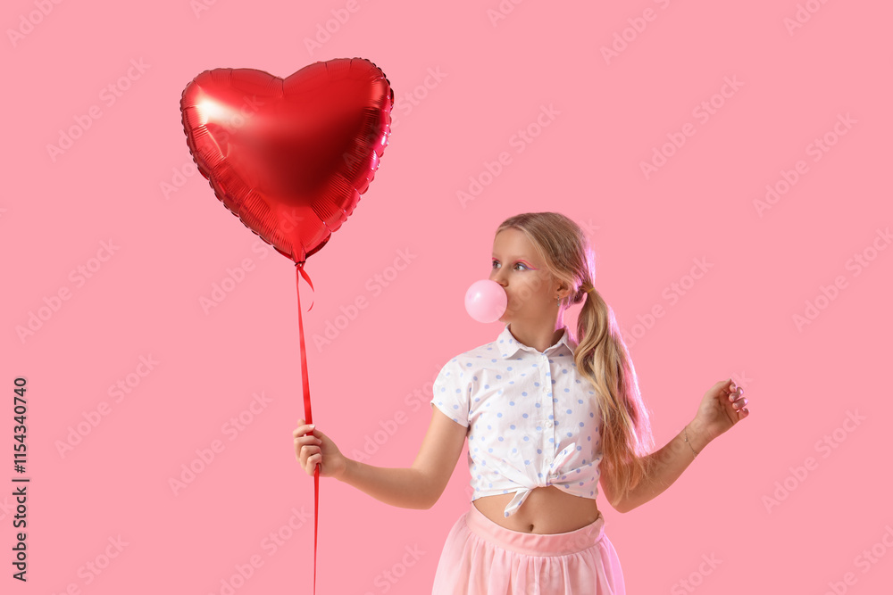 Cute trendy girl with heart-shaped balloon blowing bubble gum on pink background Cute trendy girl with heart-shaped balloon blowing bubble gum on pink background