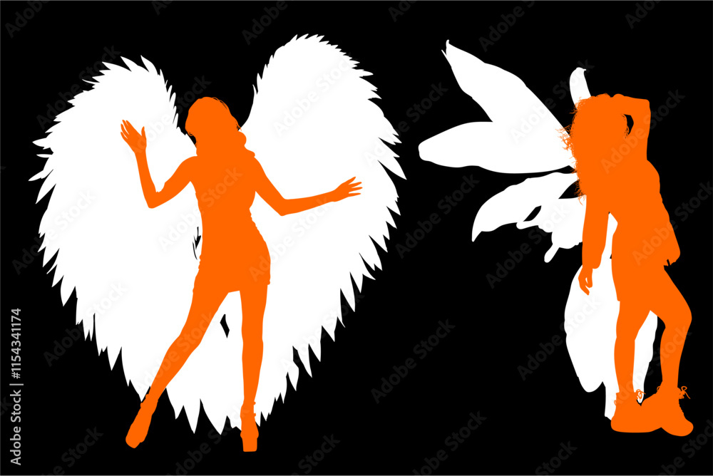 alas, pegatinas, angel, mujer, silueta, gente, vector, baile, evolución, deporte, negro, mujer, ilustración, salto, bailarines, brincar