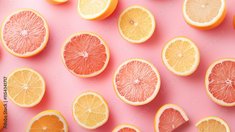 Slices of fresh oranges and grapefruits on a pink background Slices of fresh oranges and grapefruits on a pink background