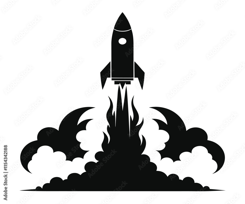 Fototapeta premium Rocket Launch Silhouette, Fiery Blast Off