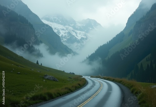 A winding road through a misty mountain valley.