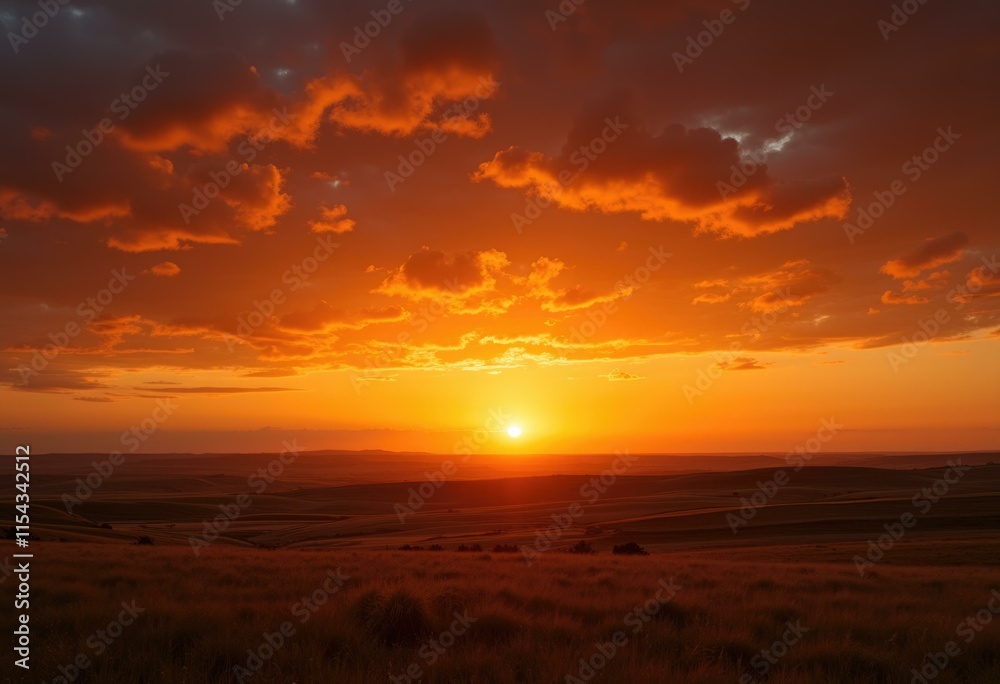 Golden sunset over rolling hills with a fiery sky Golden sunset over rolling hills with a fiery sky