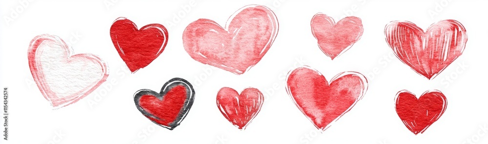A smooth watercolor header featuring pink and red hearts on a white background, designed for Valentine's Day. A smooth watercolor header featuring pink and red hearts on a white background, designed for Valentine's Day.