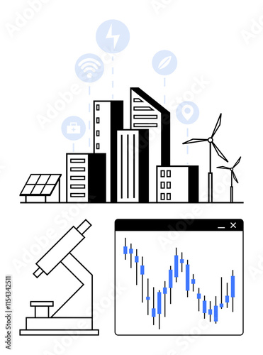 Smart city with solar panels and wind turbines, connected icons. Microscope and fluctuating data chart. Ideal for sustainability, renewable energy, smart technology, scientific research, data