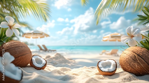 Tropical beach scene with coconuts and plumeria flowers in the foreground, beach chairs and umbrellas in the background.