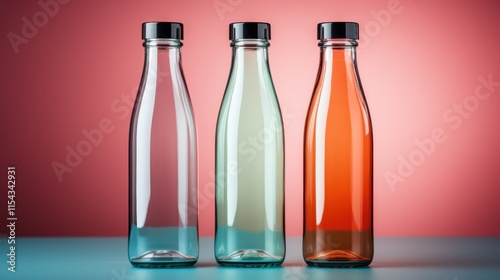 Wallpaper Mural Three bottles of different colored liquids are lined up on a table Torontodigital.ca