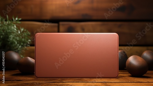 A red box with a white border sits on a wooden table