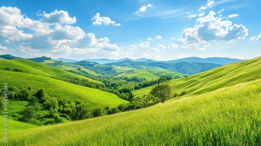 A panoramic view of a rolling green hillside with a blue sky and white clouds. In the distance, more hills stretch towards the horizon. A panoramic view of a rolling green hillside with a blue sky and white clouds. In the distance, more hills stretch towards the horizon.