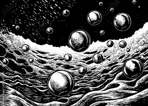 Black and white illustration of bubbles floating over a wavy surface, resembling a surreal landscape. The image has a dynamic and abstract feel, with a strong contrast between light and dark areas.