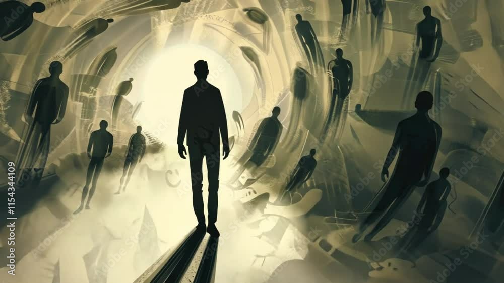 A lone figure stands amidst swirling human shadows, symbolizing the weight of memories and past relationships.