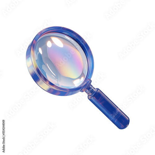 A 3D render of a blue magnifying glass with a holographic iridescent effect. The magnifying glass is floating in mid-air. The background is transparent.