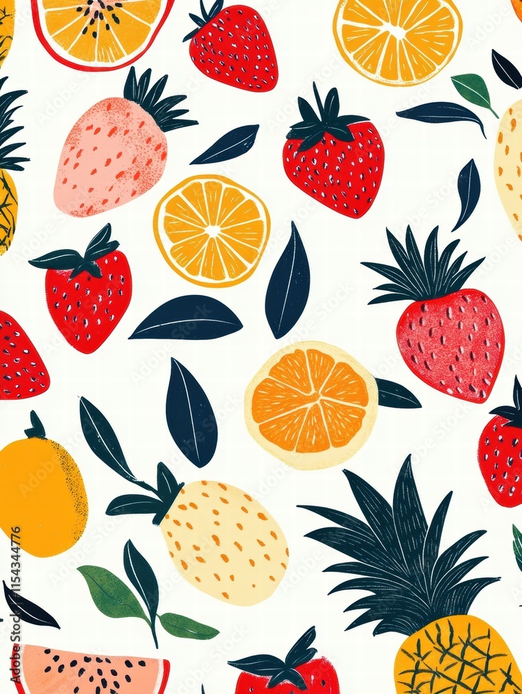 Vibrant tropical fruit pattern featuring strawberries, lemons, and pineapples on a bright background. Generative AI Vibrant tropical fruit pattern featuring strawberries, lemons, and pineapples on a bright background. Generative AI