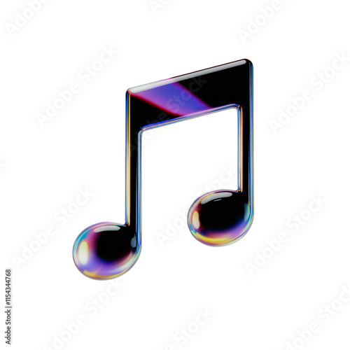 A 3D render of a black music note with an iridescent effect. The music note is isolated on a transparent background. The music note has a smooth and shiny surface. 
