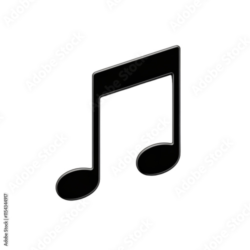 A 3D render of a black music note isolated on a transparent background. The music note has a shadow below it. The note has a slight curve.