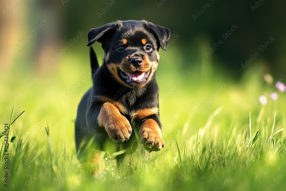Lively Rottweiler puppy in vibrant field with soft sunlight Lively Rottweiler puppy in vibrant field with soft sunlight
