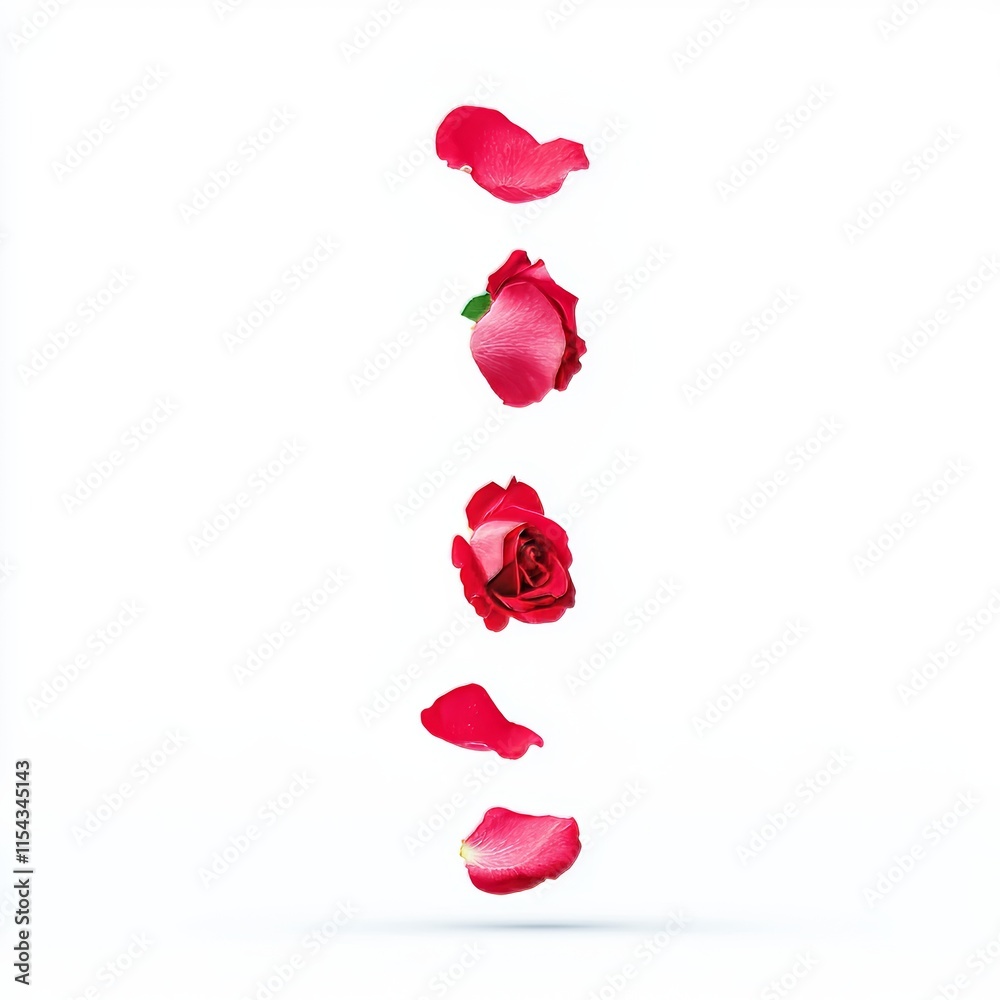 Fototapeta premium An isolated red rose petal floats on a white background, perfect for love greetings on Valentine's Day and Mother's Day, with space for text. Beautiful floral overlay with flying pink petals.